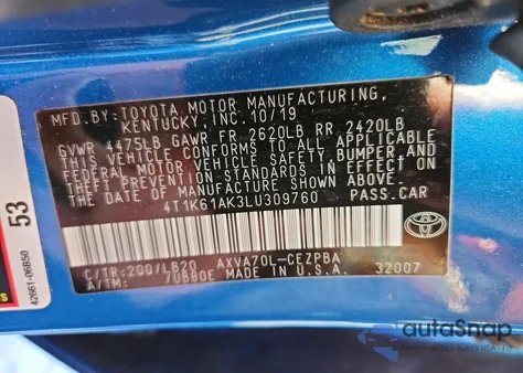 2020 Toyota Camry Xse z USA, uszkodzony, nr VIN 4T1K61AK3LU309760